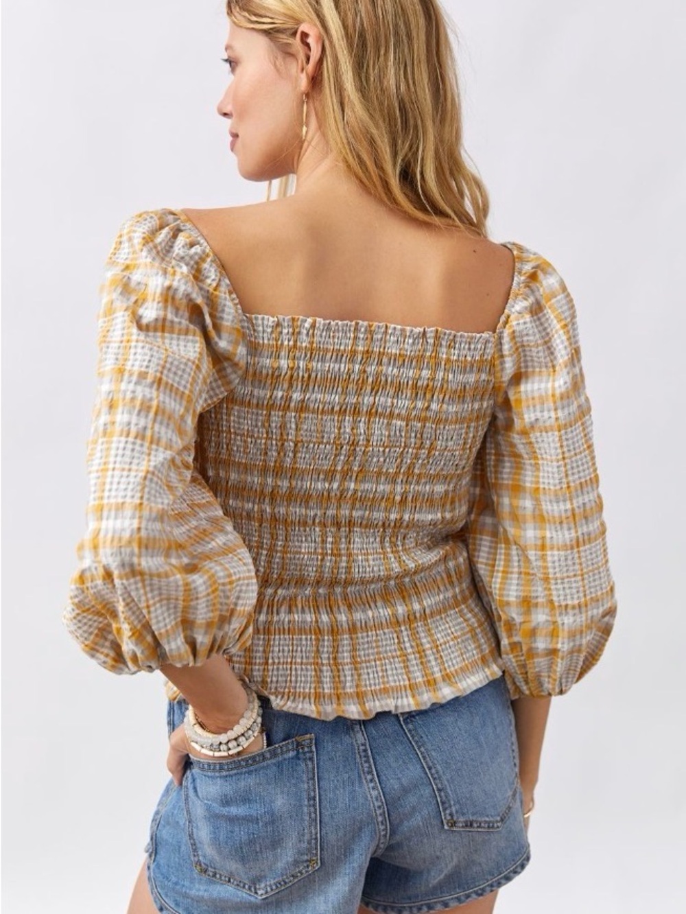 Anthropologie Yellow and White Smocked Plaid Puff-Sleeve Blouse